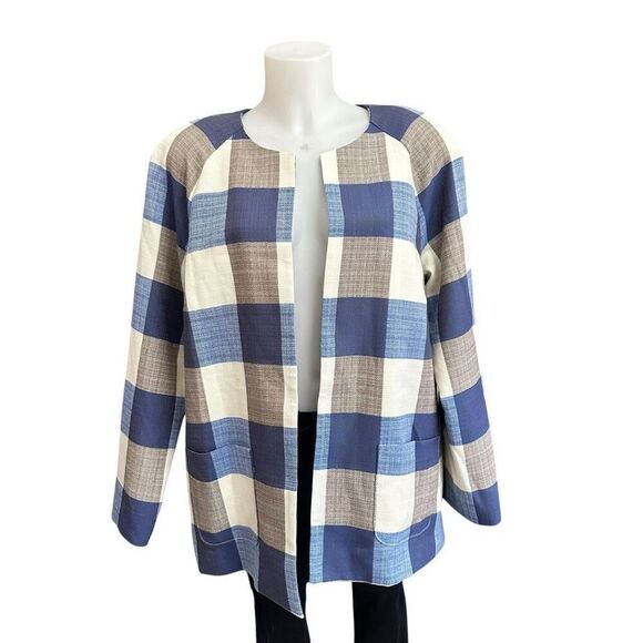 Pendleton Plaid Open Front Modern Blazer XL Ivory Brown Blue Buffalo 100%‎ Wool - Picture 1 of 11